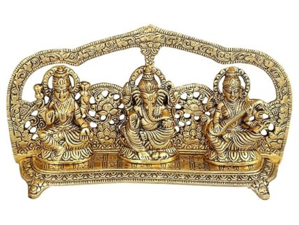 Large Laxmi Ganesh Saraswati Idol Statue for Diwali Puja | 12 Inch Heavy Gold Finish Metal Murti | Hindu God Showpiece for Home Temple Decor, Vastu | Gift for Housewarming, Wedding, Office
